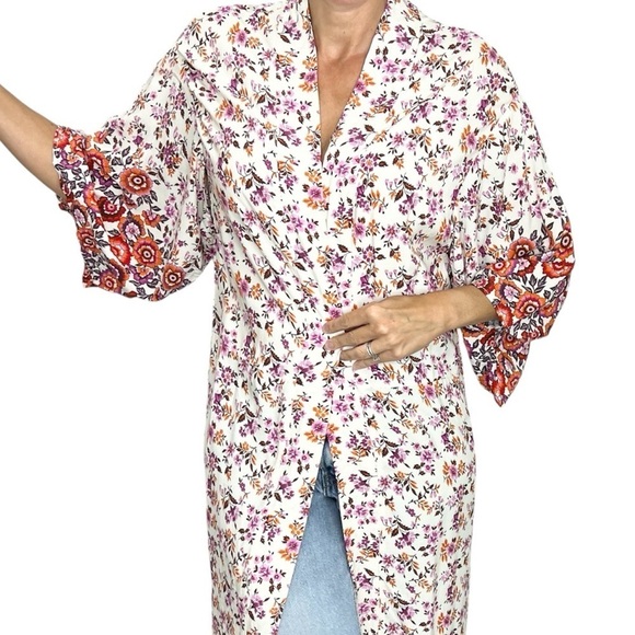 Other - Beige boho cottagecore cotton floral kimono sleeve jacket duster robe